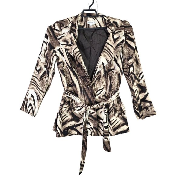 Womens Susan Graver Brown Animal Print Blazer Jacket Belted Polyester Spandex S - Picture 1 of 7